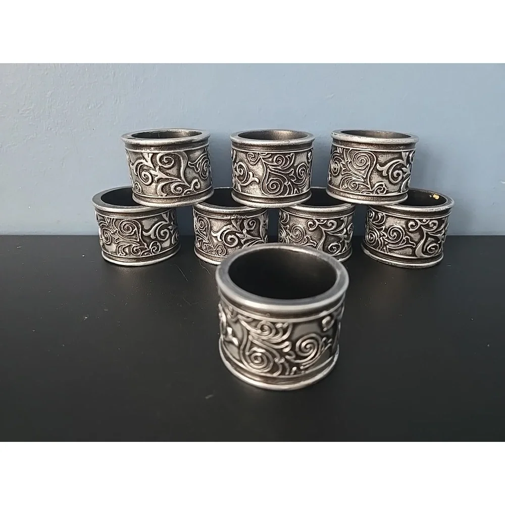 Rustic Swirl Floral Napkin‎ Rings (8) Boho Mainstays Silver Tone